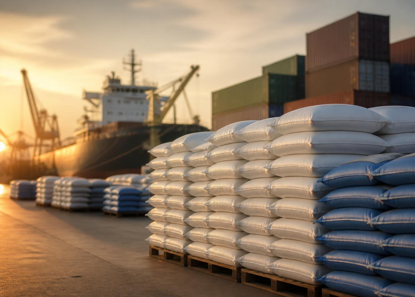 Fertilizer bags stacked at a global import terminal with shipping containers and vessel at sunset